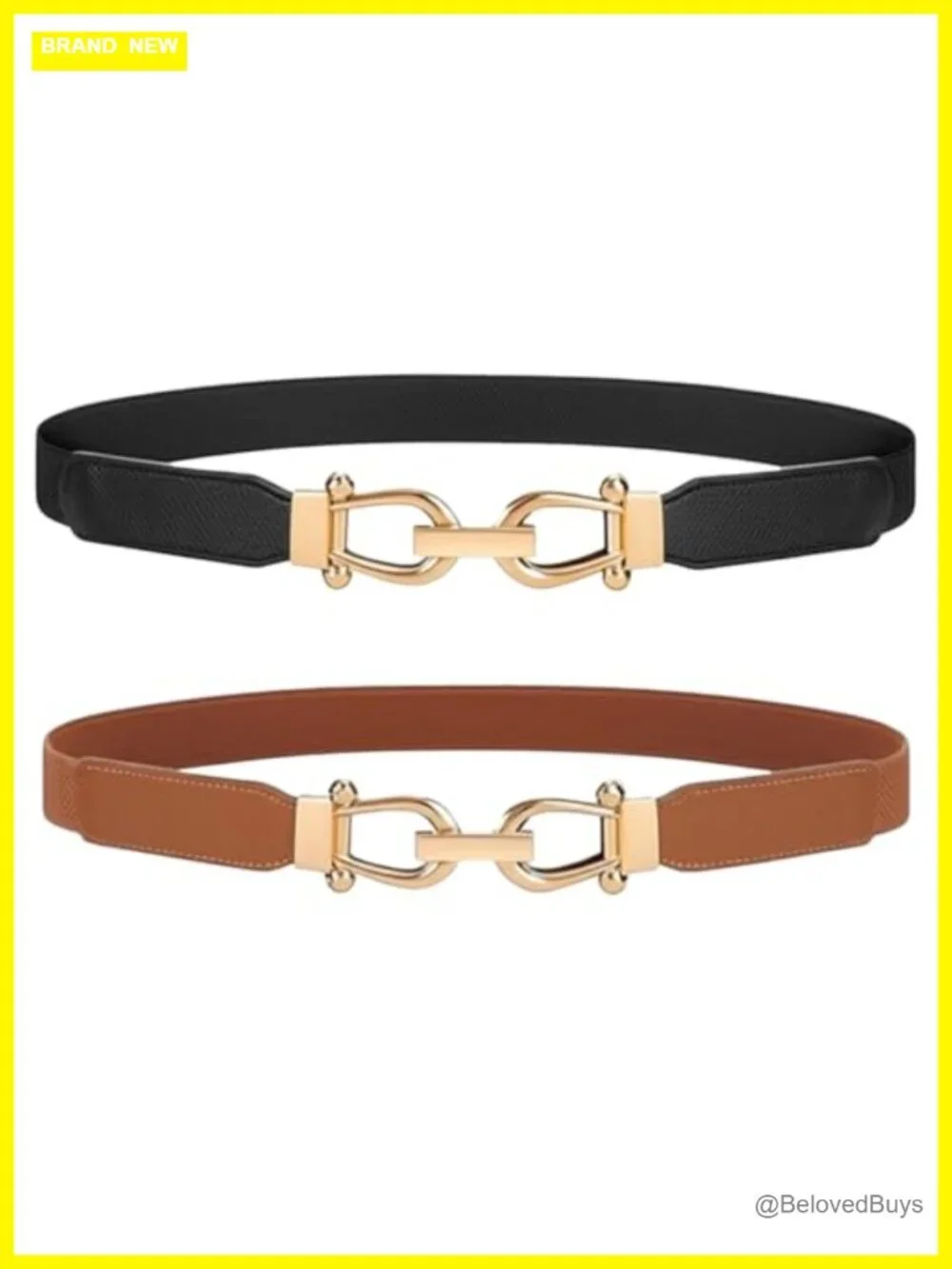 2 Pcs Elastic Stretch Skinny Belts for Women with Gold Buckles, Faux Leather